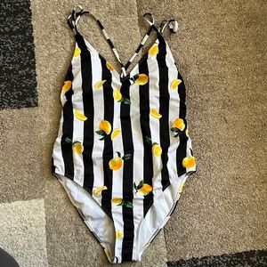 No Boundaries Brand: Lemon Design w/ Black and White Stripes Swimsuit